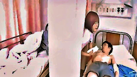 Japanese nurse in uniform leans over shirtless young patient on hospital bed