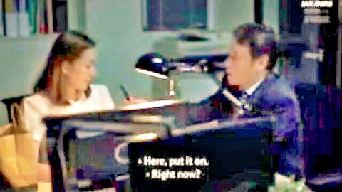 Asian office couple in tense conversation, JAV office tease