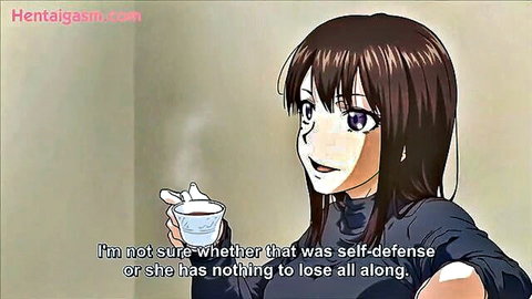 Anime girl with long brown hair holding tea cup, smiling in black outfit from Harem Cult hentai