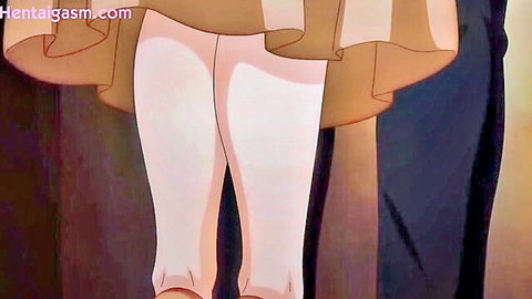Hentai anime girl bends over in tight white pants showing plump ass and cameltoe pussy outline