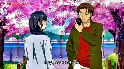 Hentai couple cheating: black-haired schoolgirl teases brown-haired guy under cherry blossoms