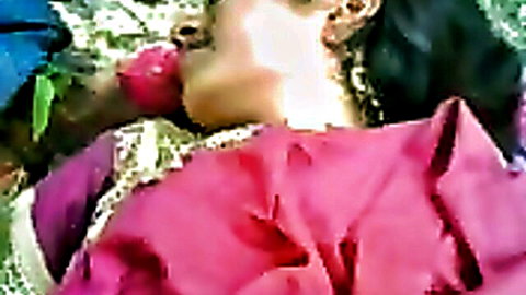 Desi Bengali woman in pink saree, outdoor close-up on lips and neck