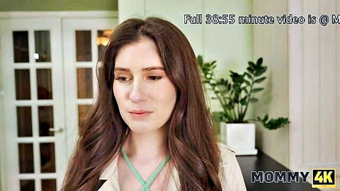 Brunette MILF in beige blazer, thoughtful gaze - Mommy4K