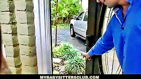 Petite babysitter greeted by boss at door in driveway scene