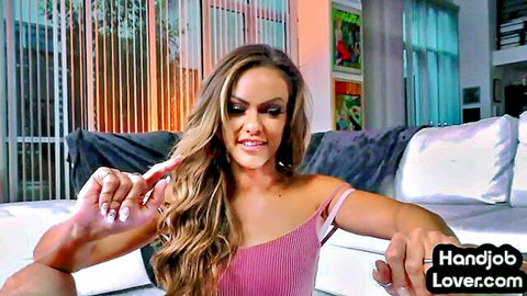 Amateur POV babe in pink top jerks oiled rod handjob
