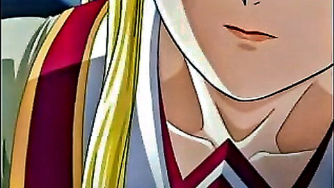Blonde hentai girl with aroused open mouth and red-trimmed outfit closeup