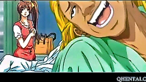 Grinning blonde anime man leers at brunette ponytail nurse in red uniform hospital room hentai scene