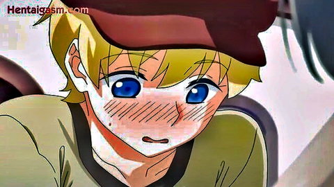 Blushing anime shota boy with big blue eyes and red cap looking shy in hentai style