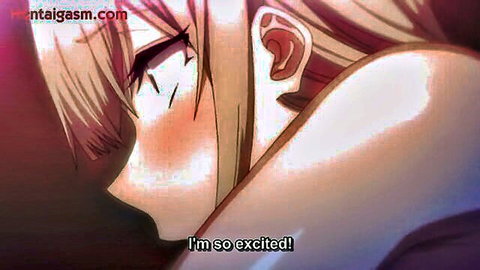 Excited blonde hentai girl with flushed cheeks and big eyes saying I'm so excited closeup