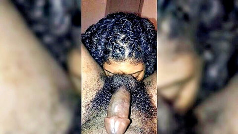 Ebony woman with curly hair performs rimjob on man in close-up POV