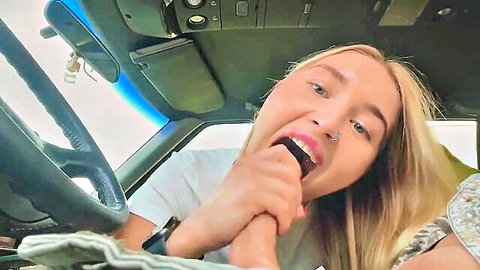 Blonde teen sucking thick cock with handjob in amateur car POV blowjob