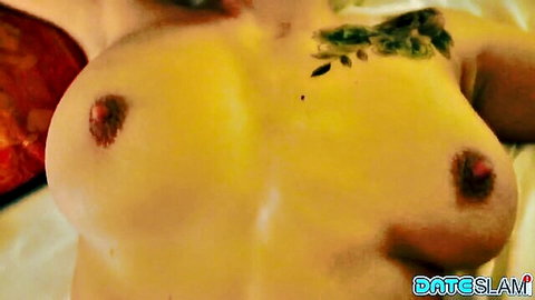 Busty tattooed woman with large natural breasts in morning sex scene