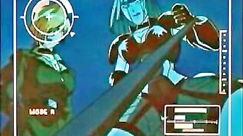 Anime babe in blue bodysuit grabbed by green monster arm in hentai scene