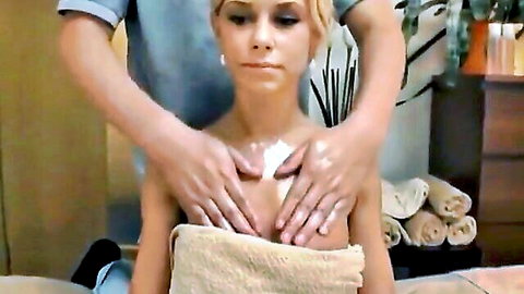 Blonde tourist receives erotic breast massage in Japanese parlor