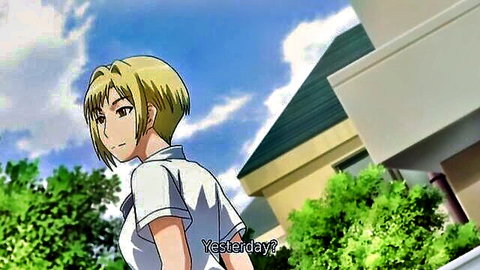 Blonde anime schoolgirl in white uniform turning back, hentai shy student scene