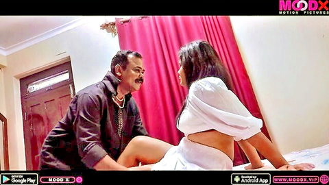 Indian chubby MILF in white top teased by man on bed