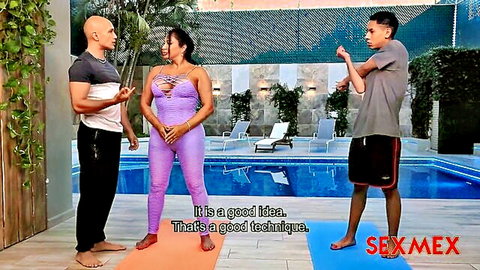 Busty Latina MILF in tight purple bodysuit chats seductively with stepsons by pool on yoga mats