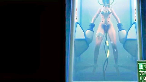 3D hentai babe nude in futuristic blue chamber, sci-fi solo