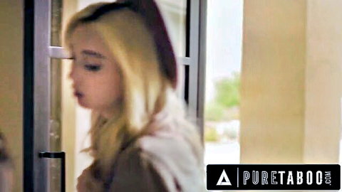 Petite blonde Lexi Lore as vulnerable girl scout peeking through door