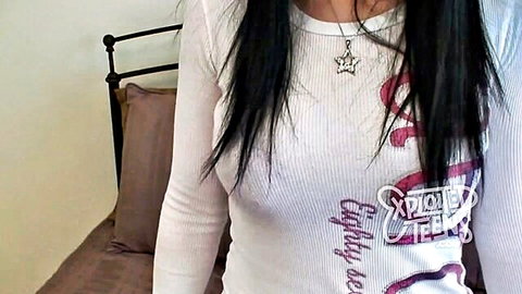 Slim Asian teen in tight white top, long black hair, amateur POV sex