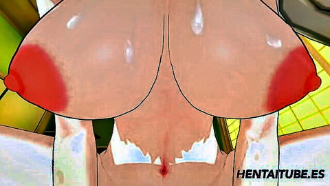 Massive shiny hentai tits with red nipples and creamy cum dripping in cleavage