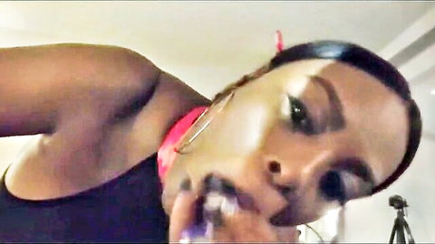 Sexy ebony babe puckers juicy plump lips teasing dick-sucking selfie
