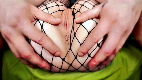Petite stepdaughter's tight pussy in fishnet stockings spread for creampie