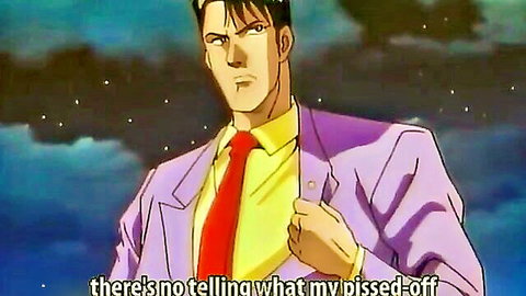 Pissed-off anime hunk in suit as gigolo pleasuring busty MILF