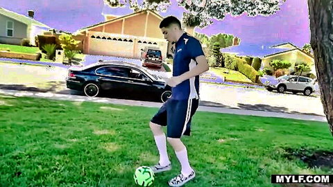 Latino stepson in soccer gear outdoors, teasing stepmom bosom grab