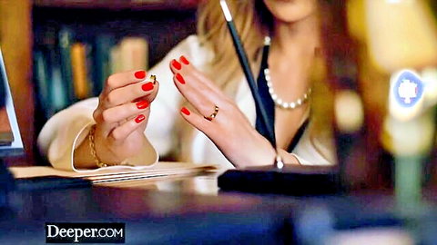 Nicole Doshi in elegant white blouse, red nails, submissive vibe for Deeper