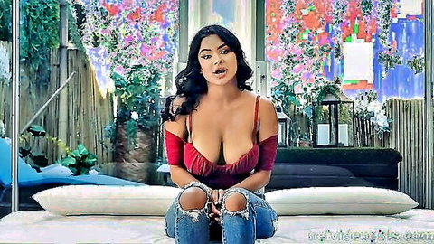Bangladeshi beauty with amazing big boobs in sexy red top and ripped jeans