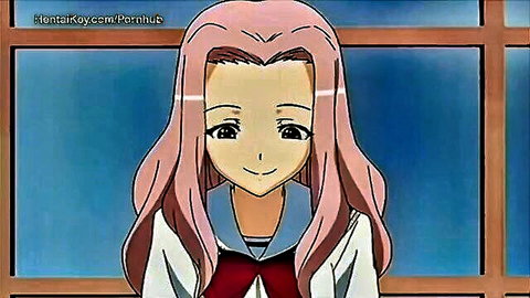 Cute pink-haired hentai schoolgirl smiling in sailor uniform