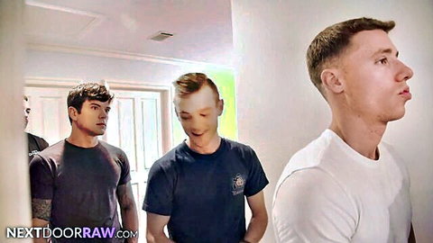 Johnny Hill with muscular jocks lining up for gay group fuck action