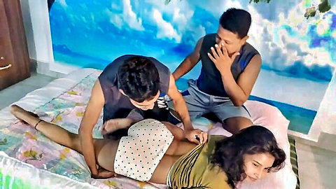 Indian amateur threesome with woman in polka-dot panties and two men touching her