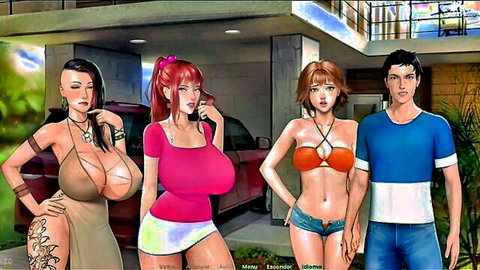 Busty 3D hentai MILFs with massive tits in skimpy bikinis and tops teasing young guy outside garage