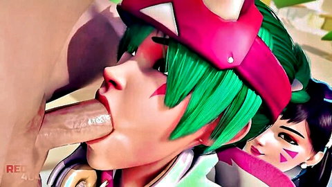 3D hentai Kiriko slurping thick cock with tongue out as D.Va watches intently