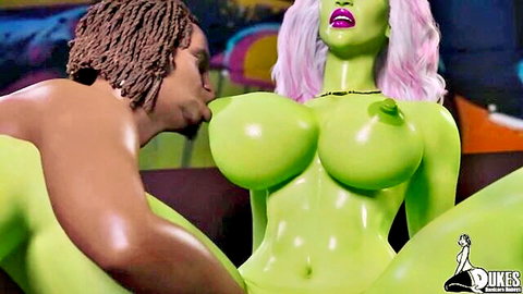 Green alien babe with huge tits kissed by black dude in sci-fi sex