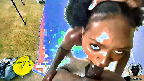 Ebony African mom deepthroats BBC with messy cumshot in amateur POV