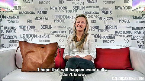 Smiling blonde Czech woman on casting couch interview