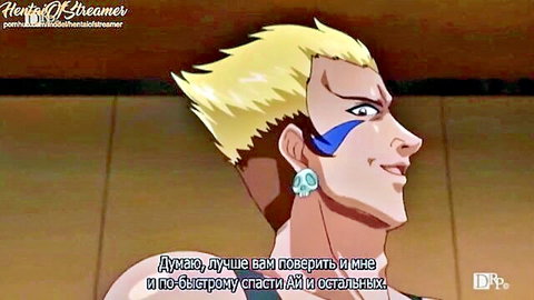 Anime blonde male character smirking in profile with wild hair and skull earrings