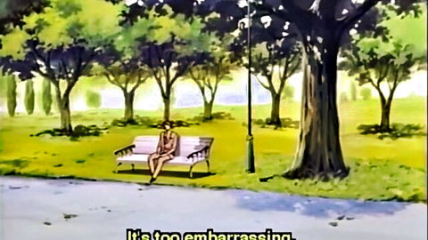 Anime girl in white dress looking embarrassed on park bench