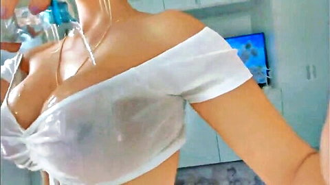 Ana Carrera wet t-shirt tease, dark hair beauty showing cleavage