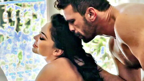 Brooke Beretta topless, passionately kissed on neck by muscular man in steamy intimate scene
