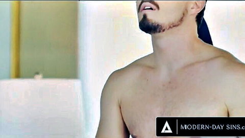 Blindfolded muscular man in sneaky threesome scene