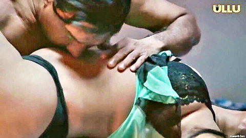 Indian MILF in black lace lingerie kissed passionately from behind in erotic scene