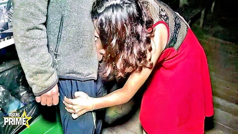 Brunette in red lace dress gropes stranger's bulge in outdoor dogging tease