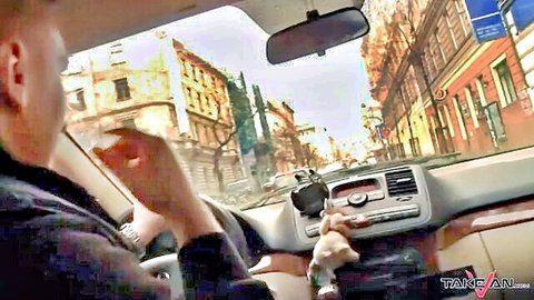 Bald man driving and smoking in van on city street, Take Van public pickup tease