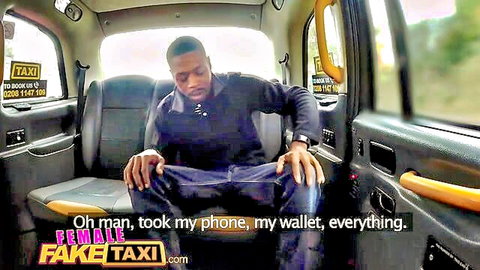 Distressed black man in fake taxi after robbery, setup for slim driver big black cock action