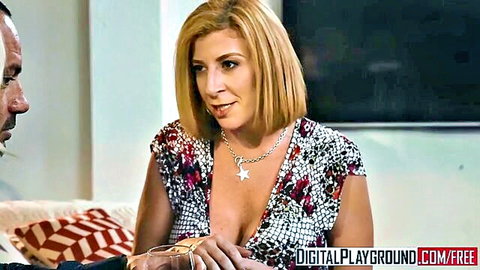 Sara Jay in revealing floral dress with deep cleavage, busty blonde milf