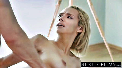 Veronica Leal topless in intense standing embrace, blonde beauty in ecstasy